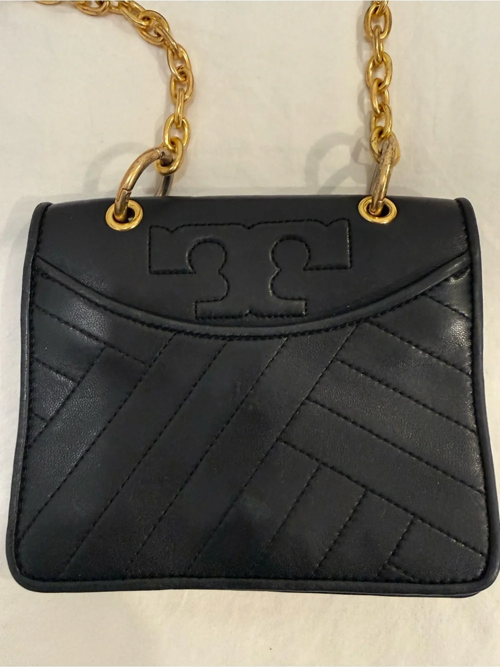 Tory Burch Black Quilted Leather Crossbody with Gold Chain